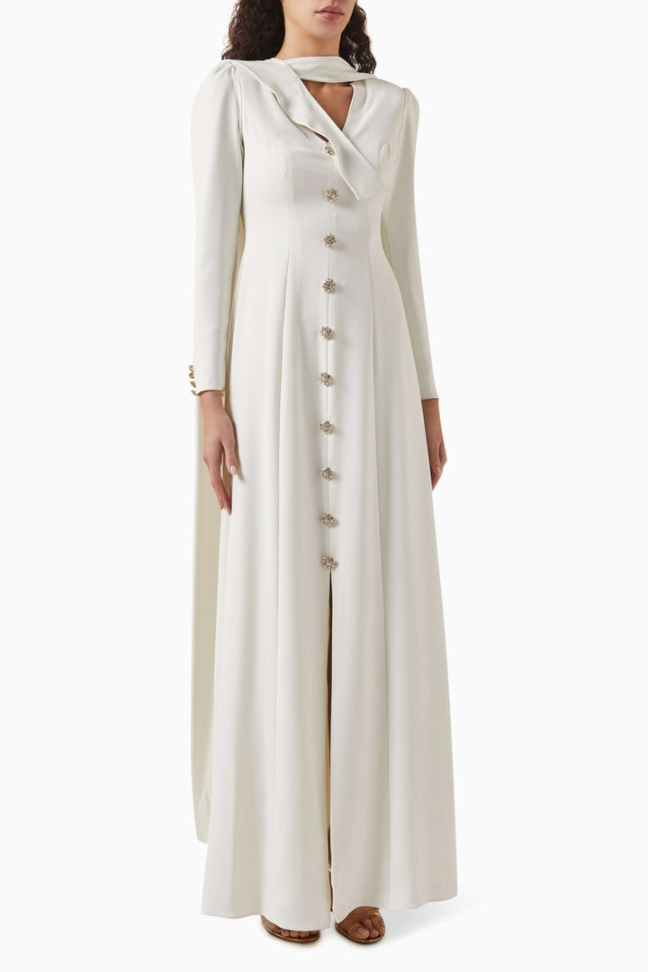 draped neckline gown with jeweled buttons – IVORY