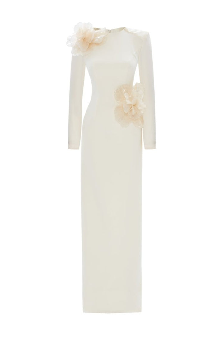 Long-sleeve gown with oversized floral appliqués – IVORINE