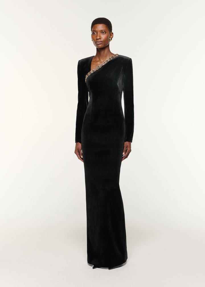 velvet midi dress with embellished asymmetric neckline – NOIRINE