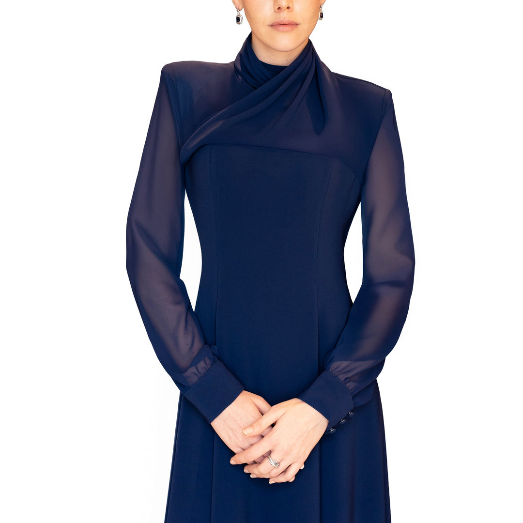 long-sleeve chiffon-draped gown with high neckline – AMARA