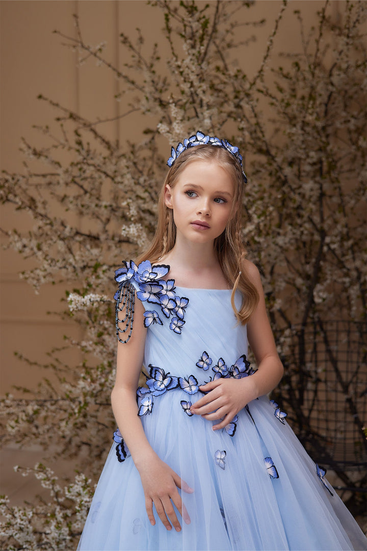 Butterfly Appliqué Tulle Ball Gown with Beaded Shoulders – CELESTE