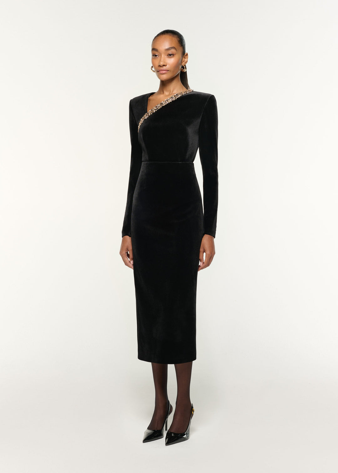 velvet midi dress with embellished asymmetric neckline – NOIRINE
