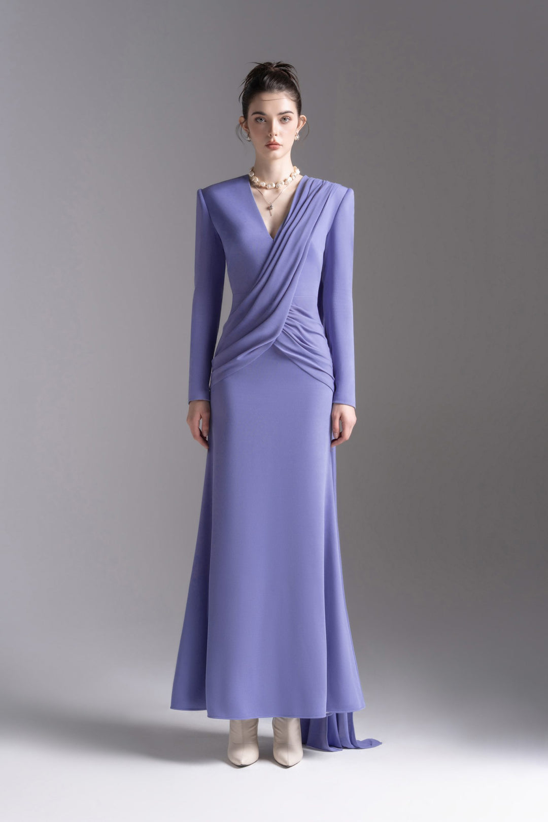 Draped V-neck long-sleeve gown – LAVENYA