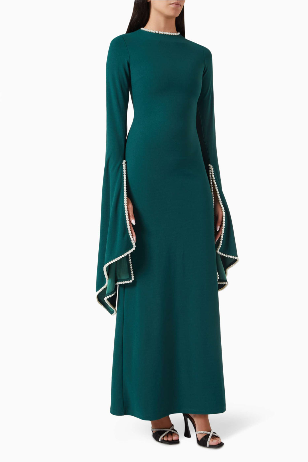 long-sleeve gown with pearl-trimmed flared cuffs – OPHELIA