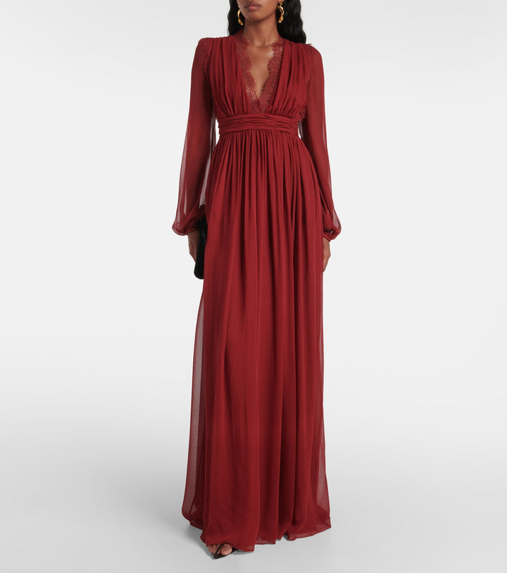chiffon gown with lace-trim plunging neckline – RAELLA