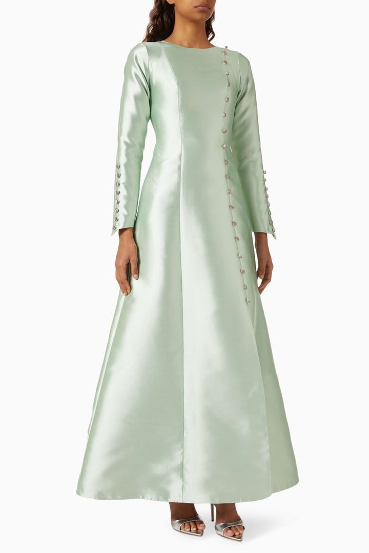 satin long-sleeve gown with button detailing – MINT GRACE