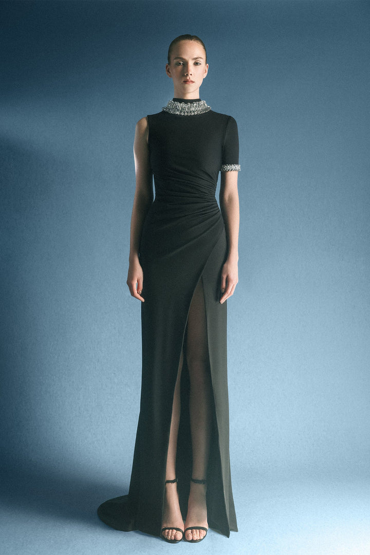 asymmetric crystal-neckline column gown with high slit – NOCTURNA