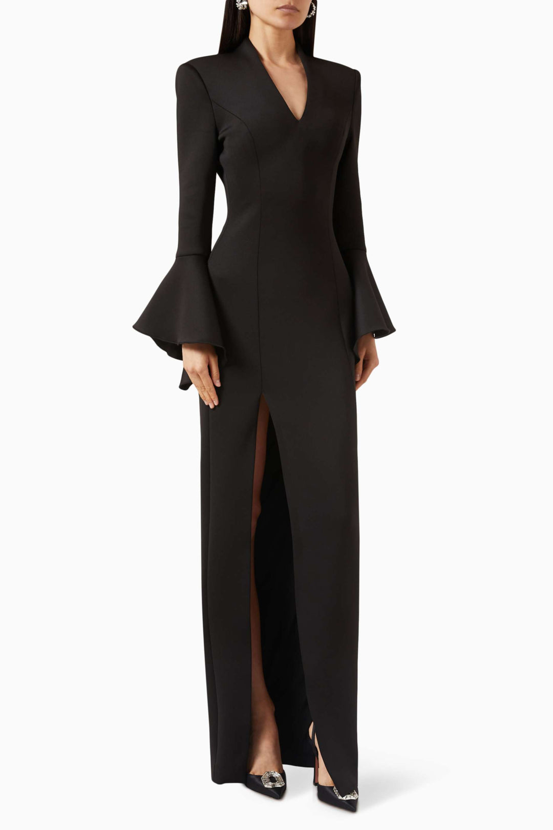 فستان طويل الأكمام بأكمام واسعة وفتحة جانبية – إيفوريز