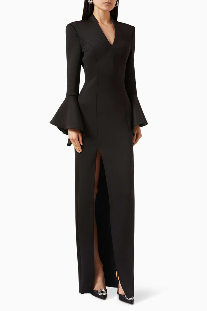 فستان طويل الأكمام بأكمام واسعة وفتحة جانبية – إيفوريز