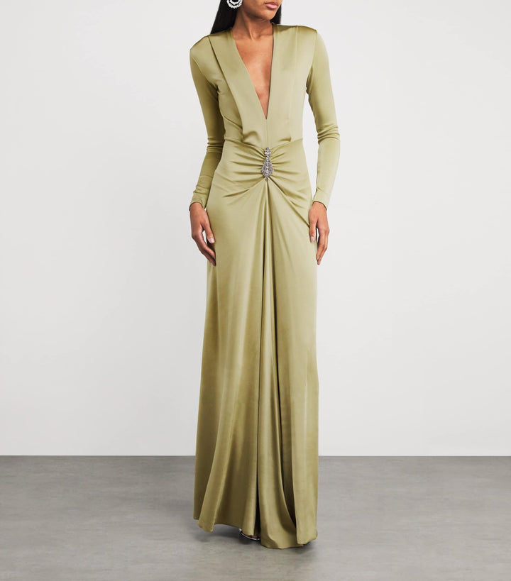 Deep V-neck draped gown with crystal embellishment – OLIVETTE