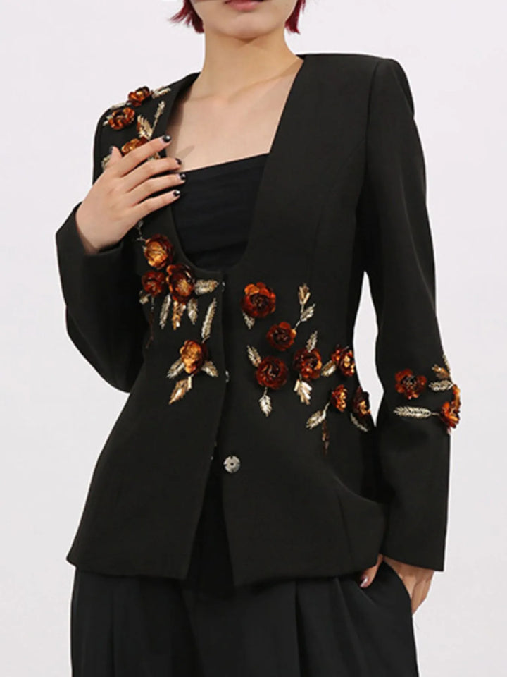 deep v-neck jacket with floral appliqué – SERENAZLU