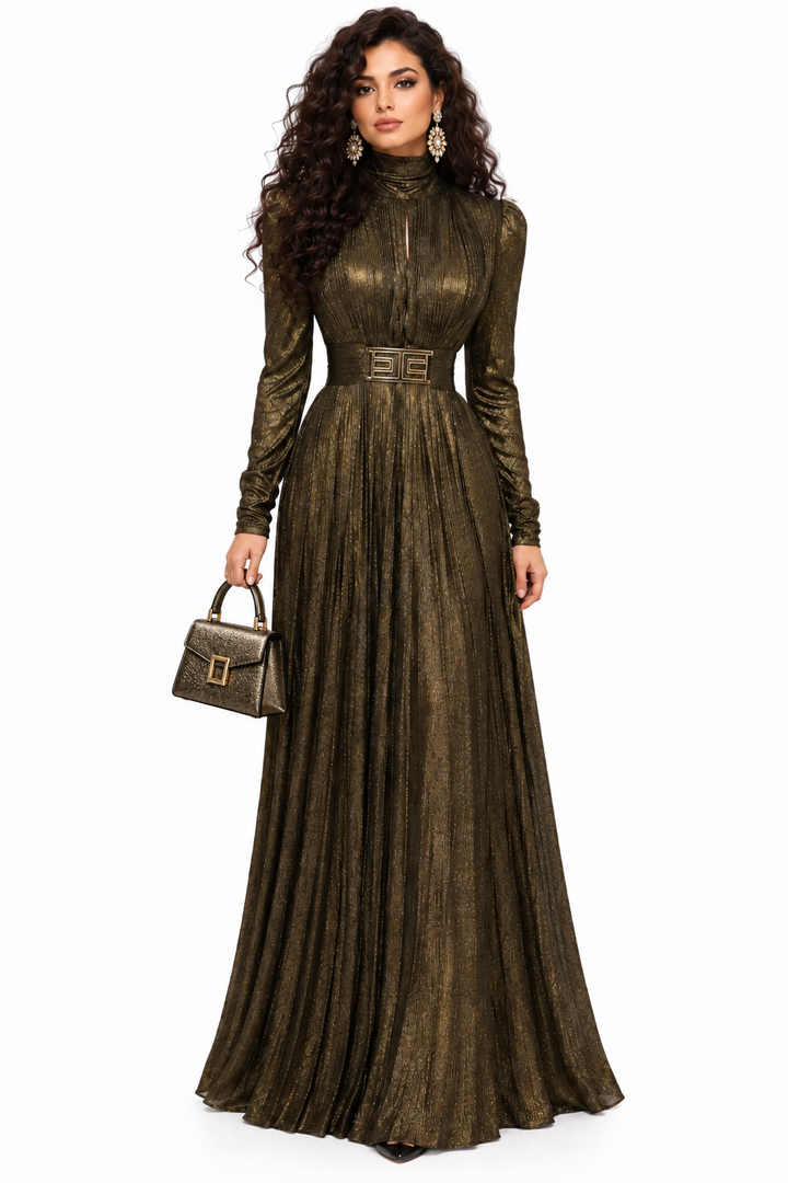 High-Neck Metallic Pleated Maxi Dress with Belt – OBSIDIAN