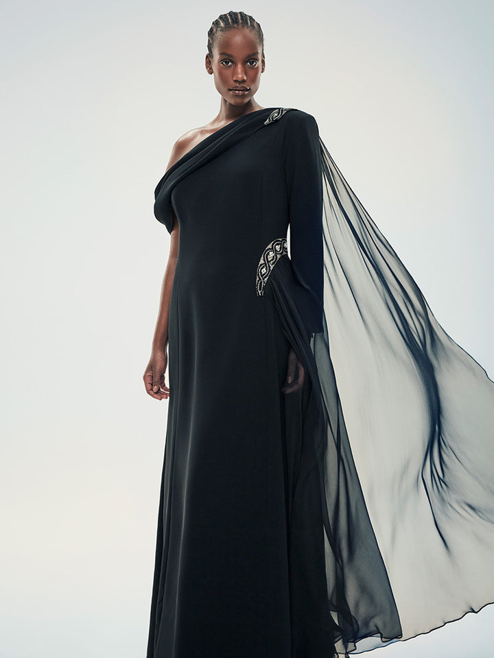 asymmetric draped gown with embellished detail – SERENA