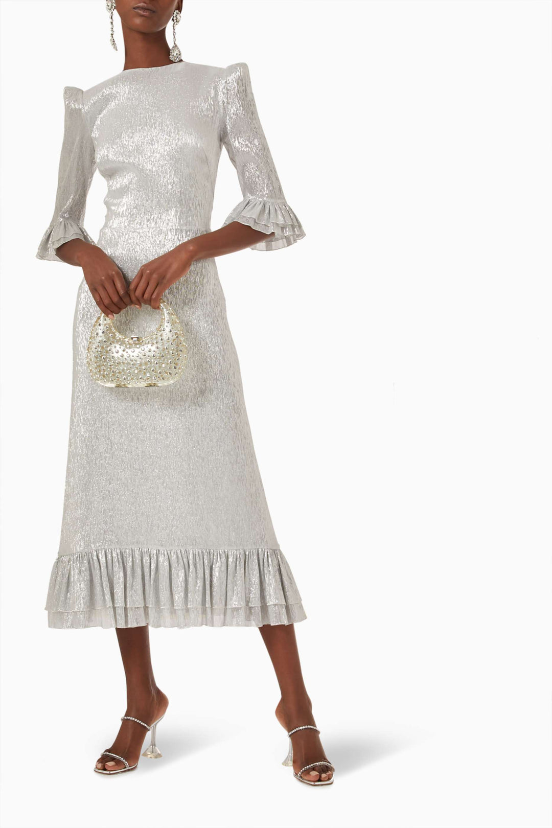 metallic midi dress with ruffled sleeves and hem – SERENA