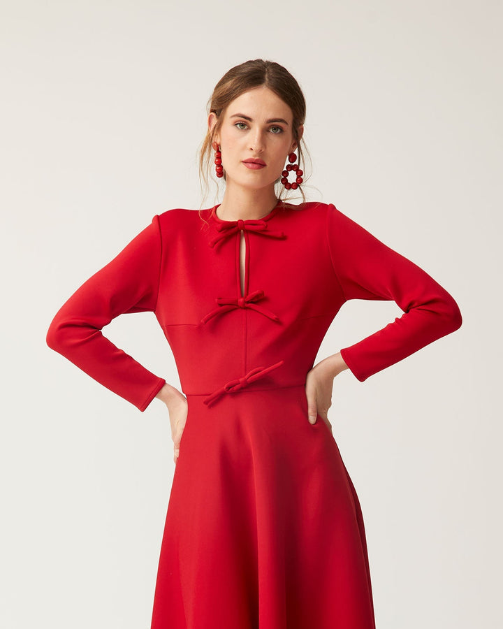 long-sleeve midi dress with bow accents – VERENA