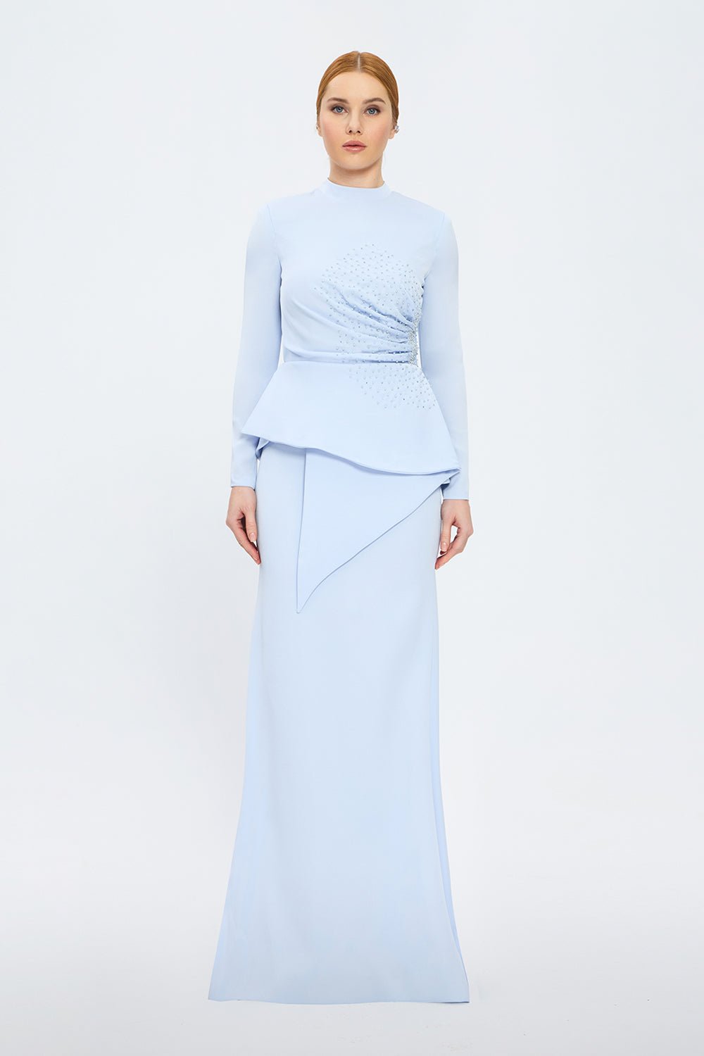 long-sleeve peplum gown with crystal draping – SERENE