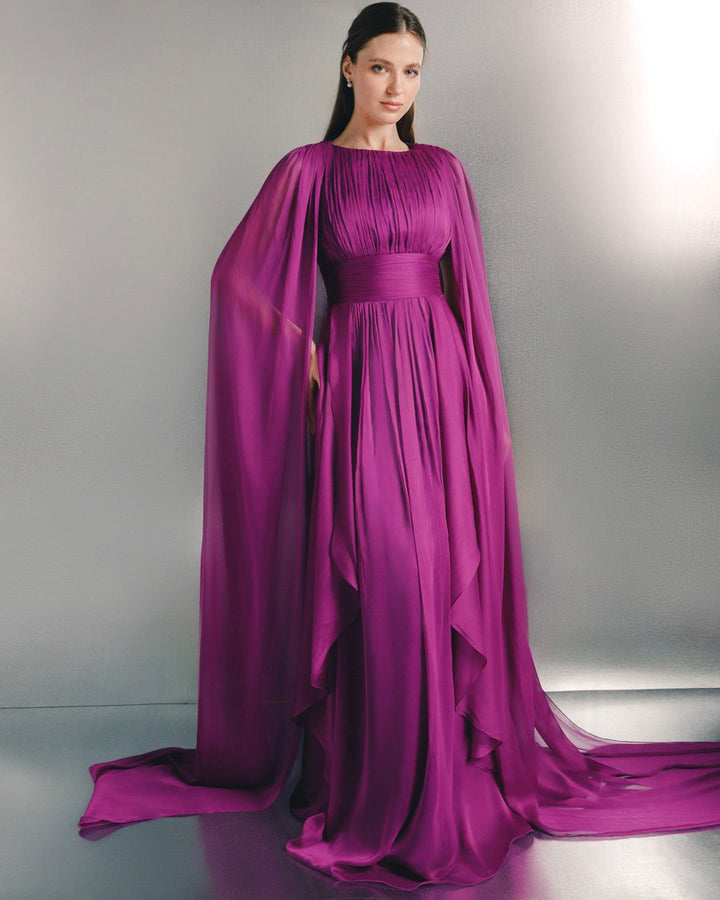 pleated chiffon cape evening gown with defined waist – VIOLETTA