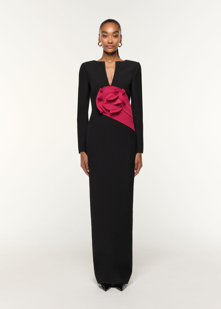 long-sleeve column gown with sculpted rose applique – ROSALIA