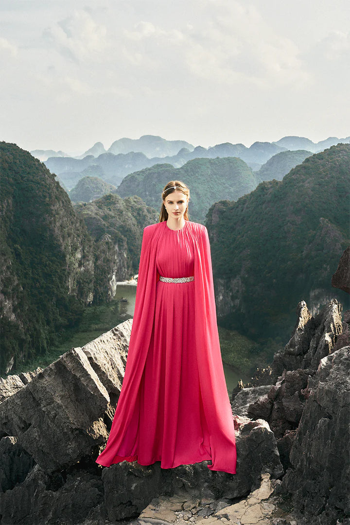 cape-sleeve gown with gathered bodice – ROSAE