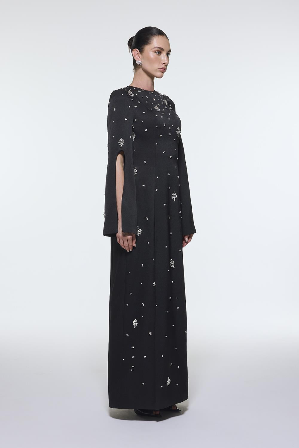 long-sleeve column gown with scattered crystal embellishments – NOIRÉ