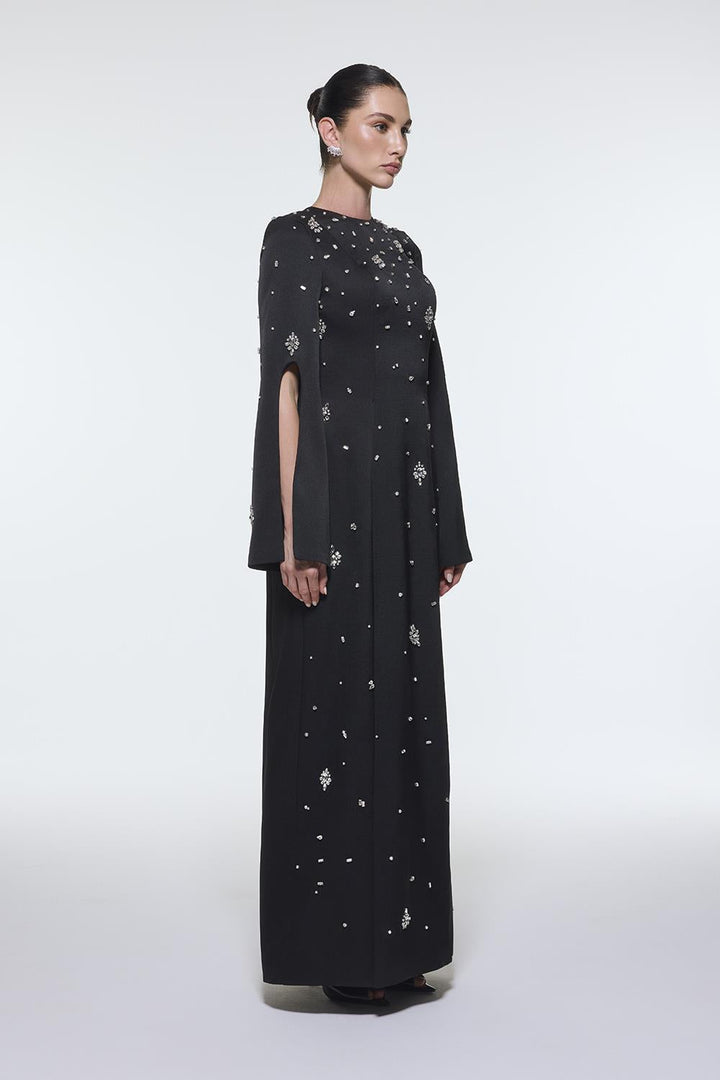 long-sleeve column gown with scattered crystal embellishments – NOIRÉ