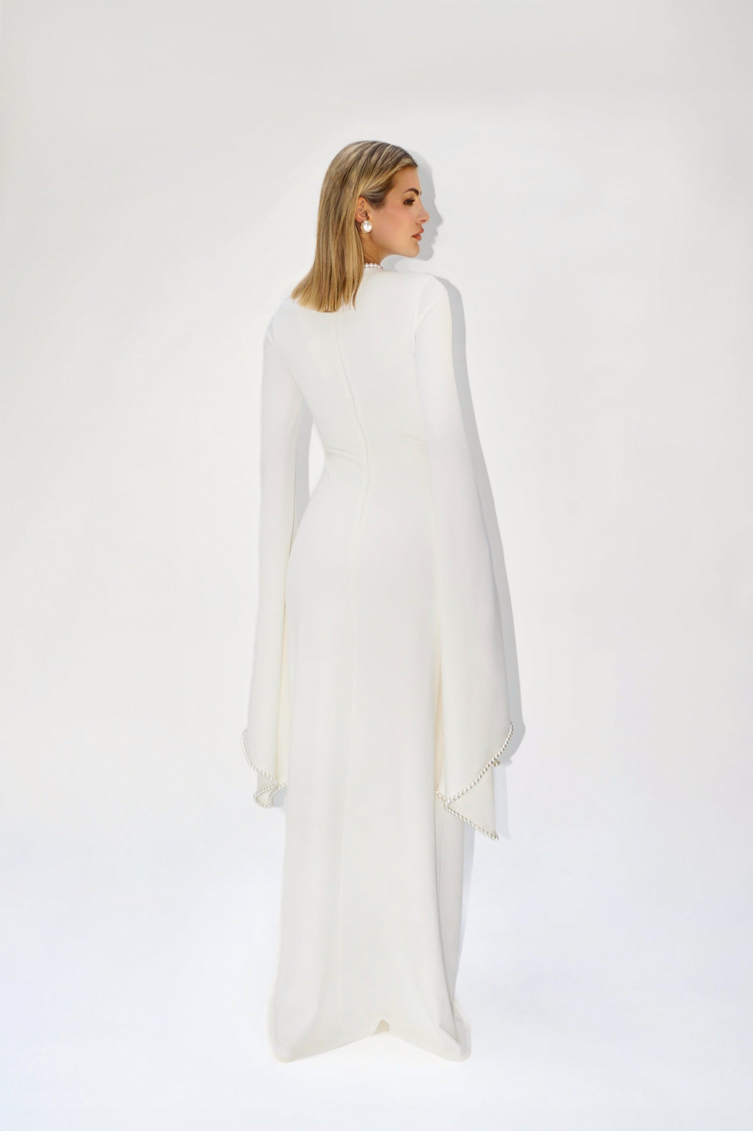 long-sleeve gown with pearl-trimmed flared cuffs – OPHELIA