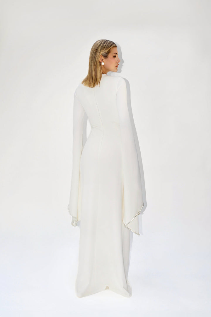 long-sleeve gown with pearl-trimmed flared cuffs – OPHELIA