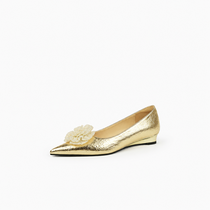 Metallic Floral Pointed Flats - Gold