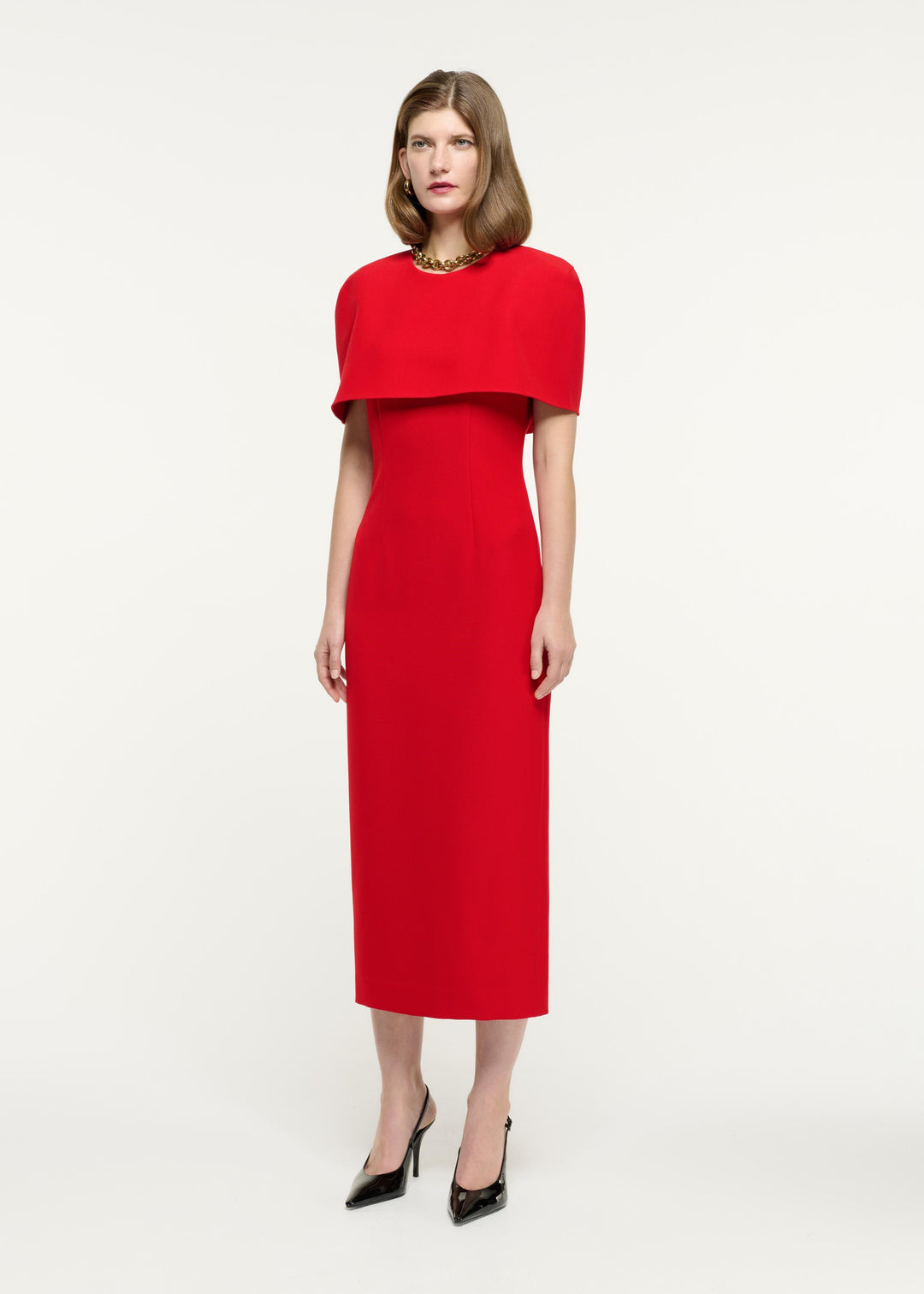 cape-overlay midi dress with structured silhouette – VALENTIA