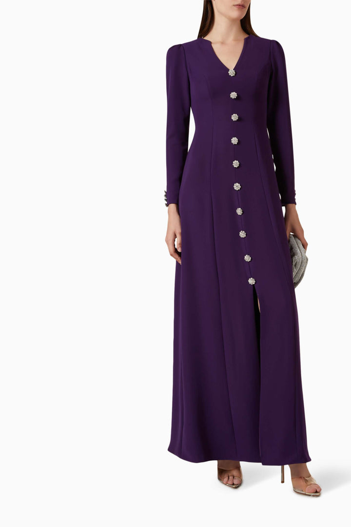 draped neckline gown with jeweled buttons – IVORY