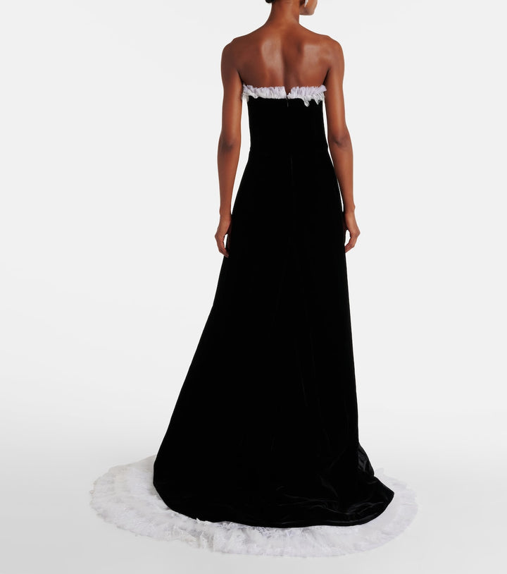 Strapless velvet gown with lace ruffle hem – OSAMA