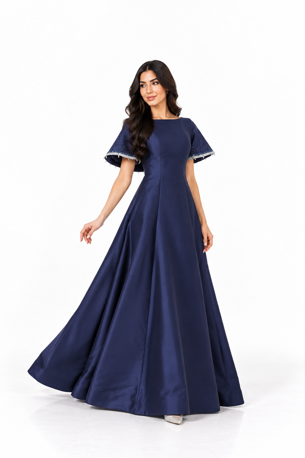 Embellished Cape Sleeve Gown - Midnight