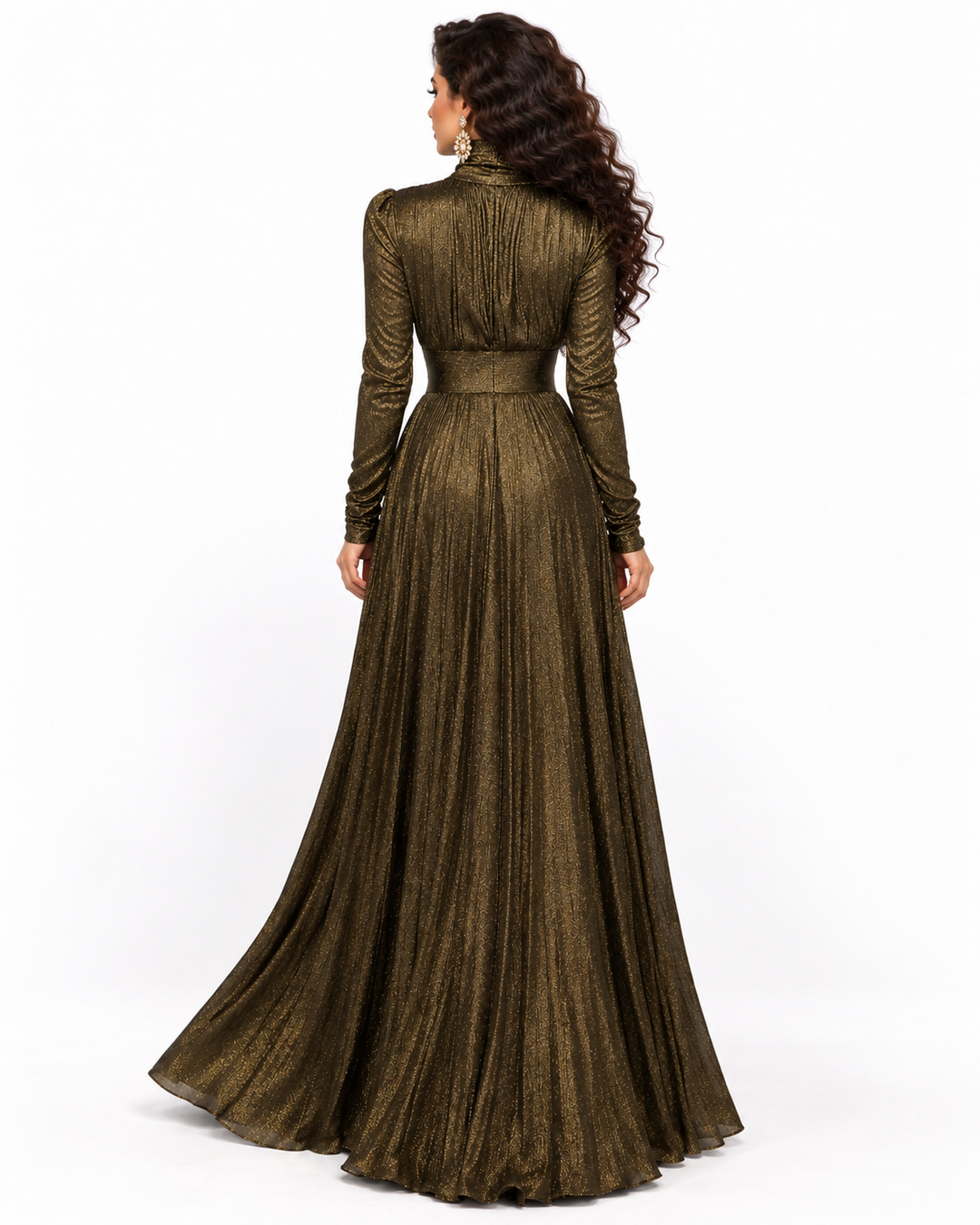 High-Neck Metallic Pleated Maxi Dress with Belt – OBSIDIAN