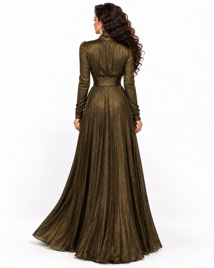 High-Neck Metallic Pleated Maxi Dress with Belt – OBSIDIAN