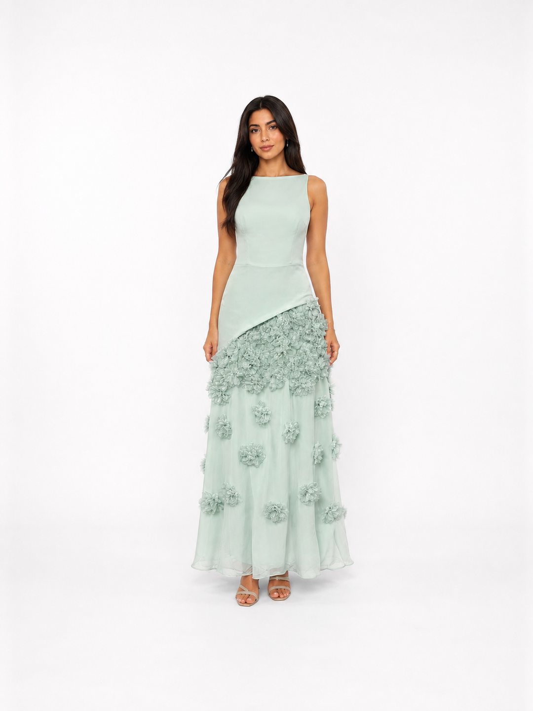Floral Embellished Mint Evening Gown - SERÉLLE