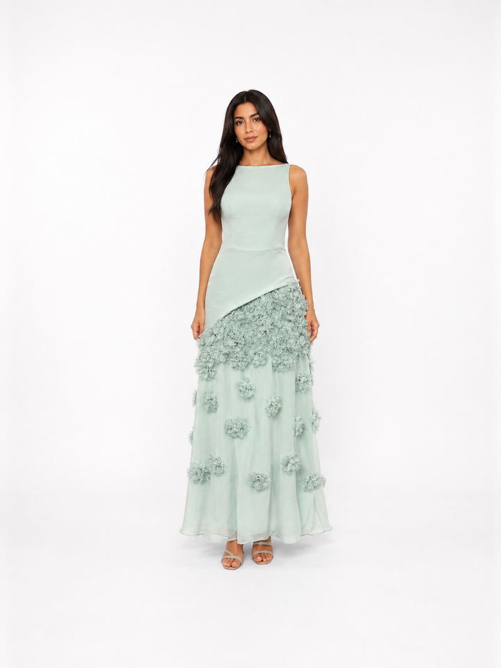 Floral Embellished Mint Evening Gown - SERÉLLE