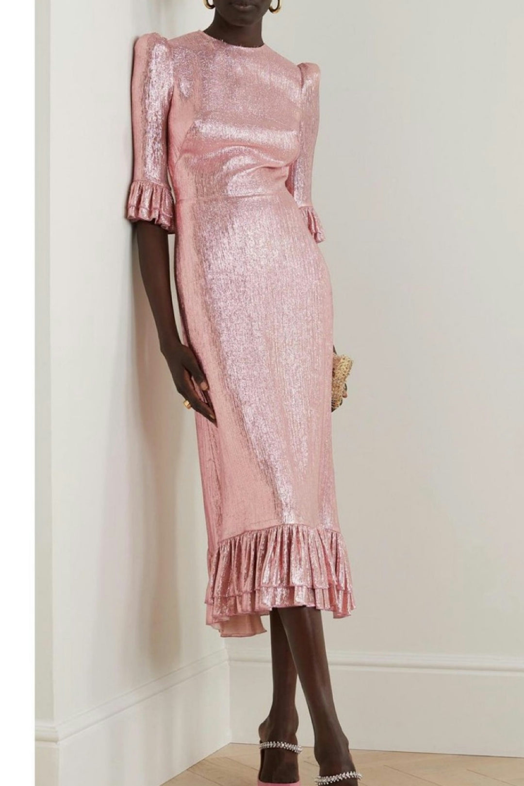 metallic midi dress with ruffled sleeves and hem – SERENA