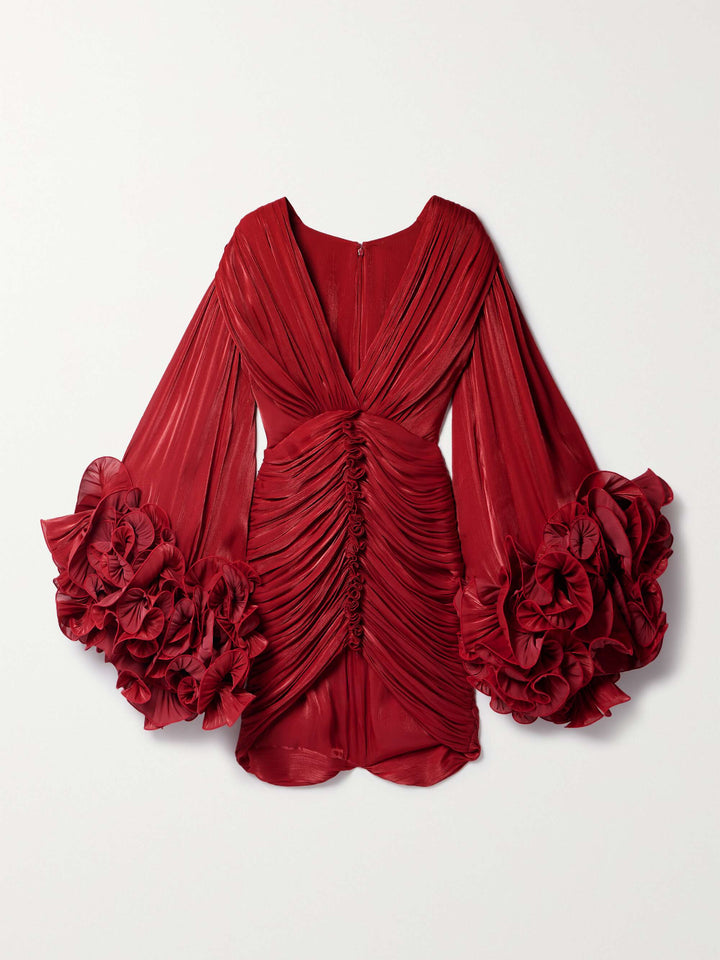 ruched mini dress with floral cuff sleeves – SCARLET