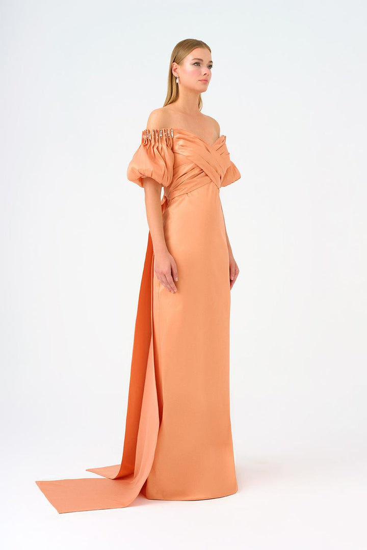 off-shoulder satin gown with puff sleeves – AURELIA