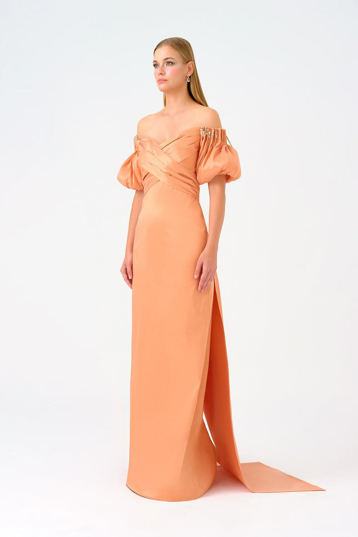 off-shoulder satin gown with puff sleeves – AURELIA