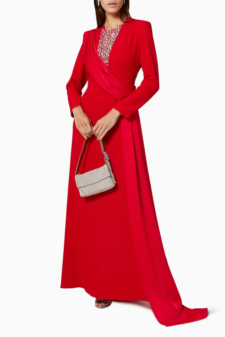 long-sleeve gown with embellished illusion neckline & draped sash – RHEA