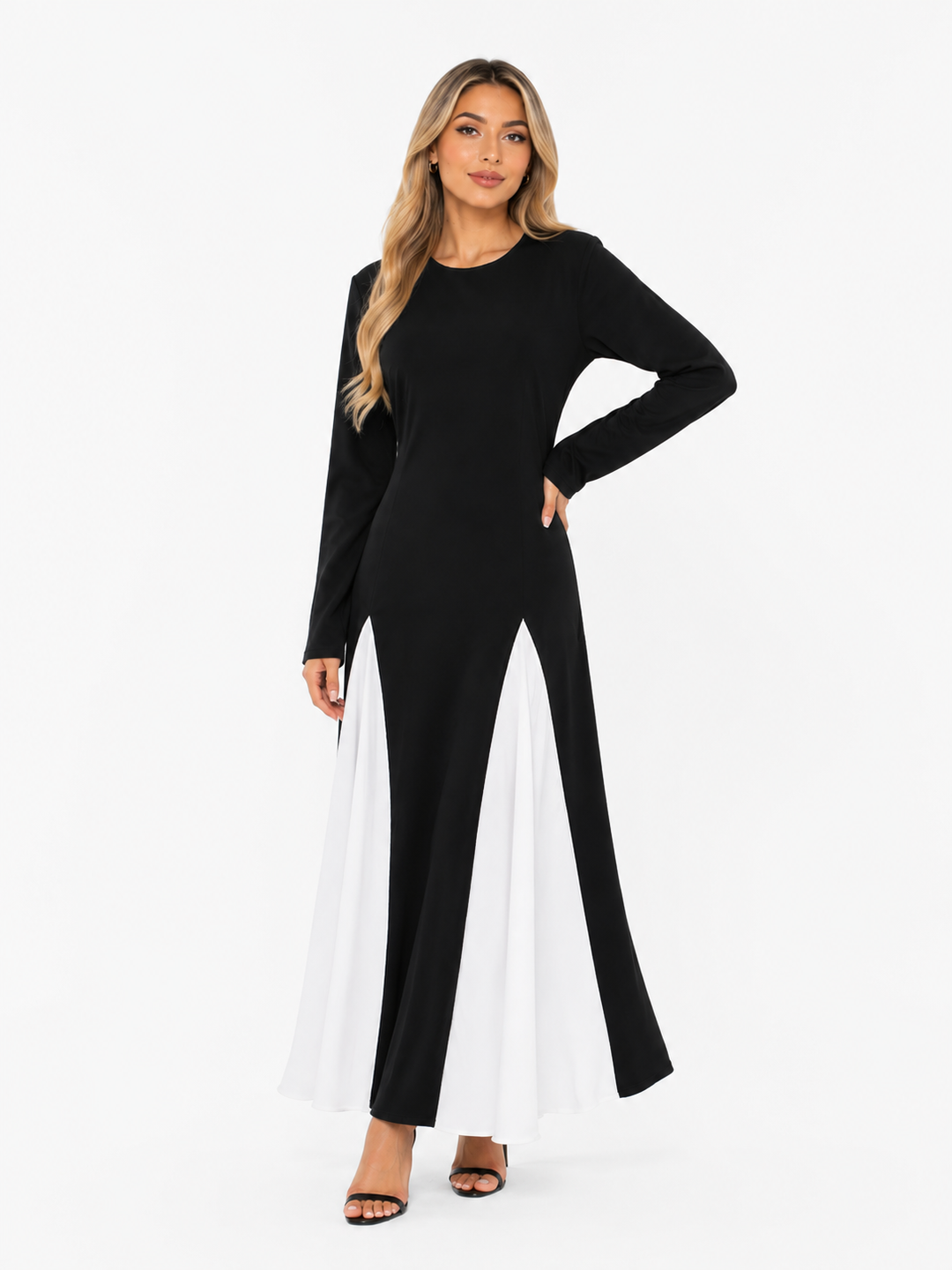 Contrast Panel Long Sleeve Maxi Dress - ROTHAN