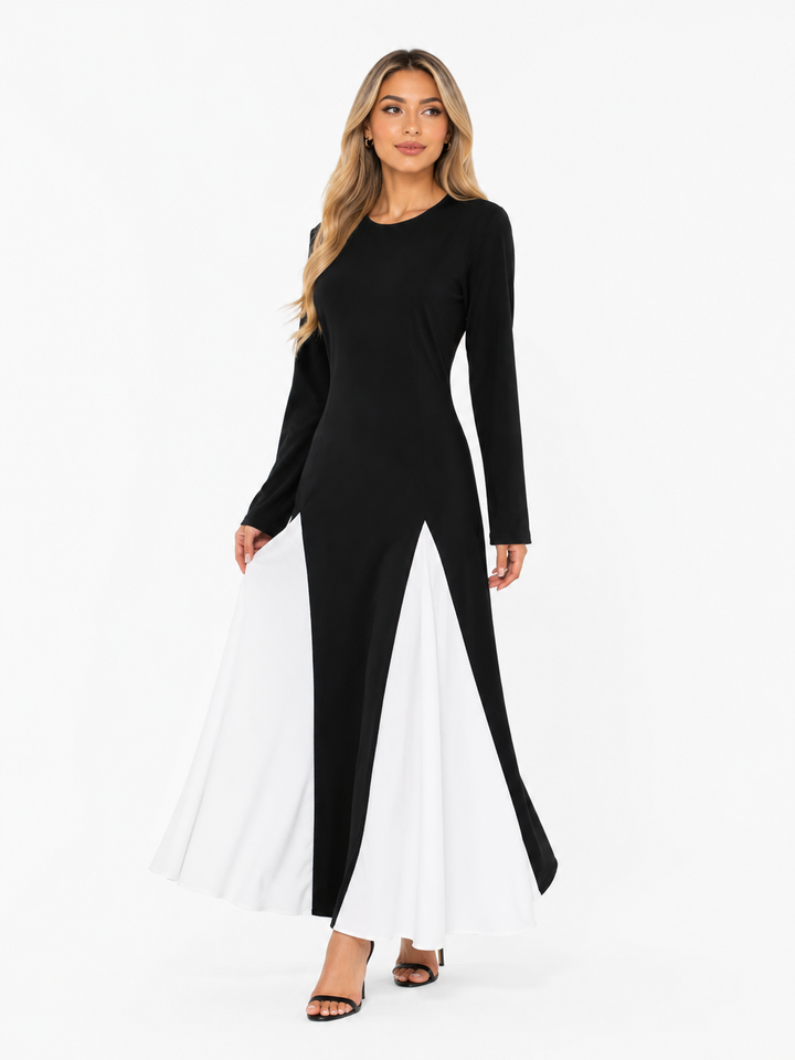 Contrast Panel Long Sleeve Maxi Dress - ROTHAN