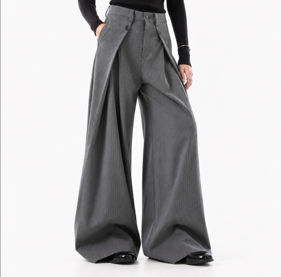 Grey Pinstripe Layered Wide-Leg Pants – Slate