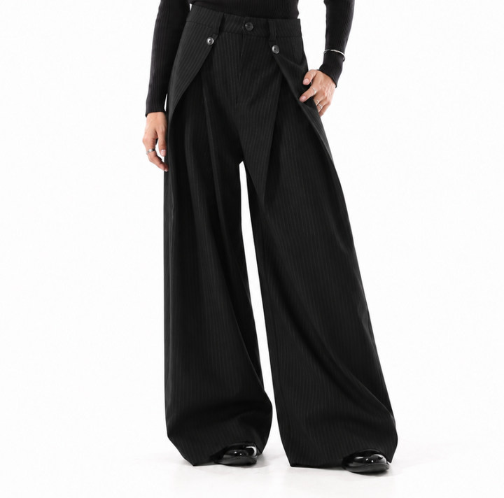 Grey Pinstripe Layered Wide-Leg Pants – Slate