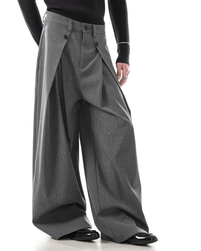 Grey Pinstripe Layered Wide-Leg Pants – Slate