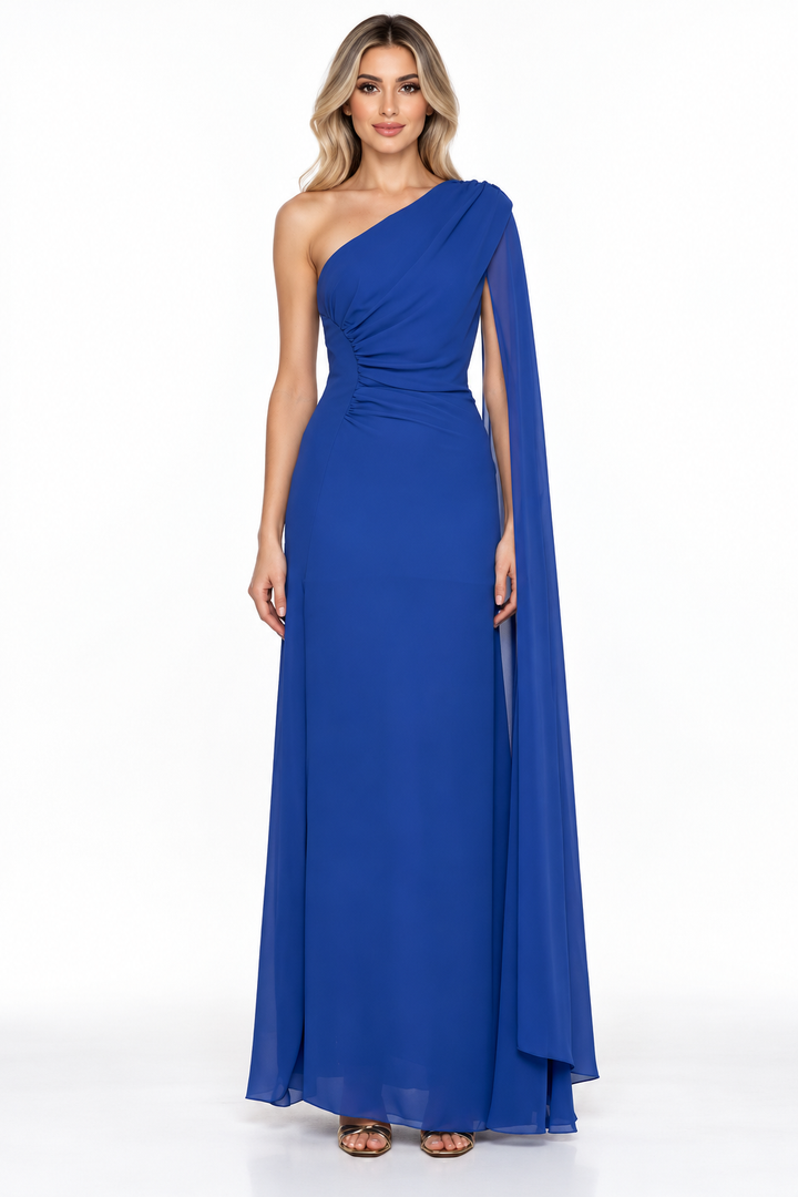 Royal Blue One-Shoulder Draped Chiffon Maxi Dress - Azure