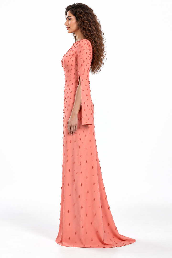 Coral Pink Embellished Cape Maxi Dress - Serena