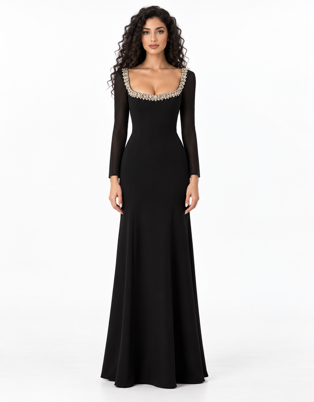 Crystal Scoop Neck Long Sleeve Evening Gown - Sovereign