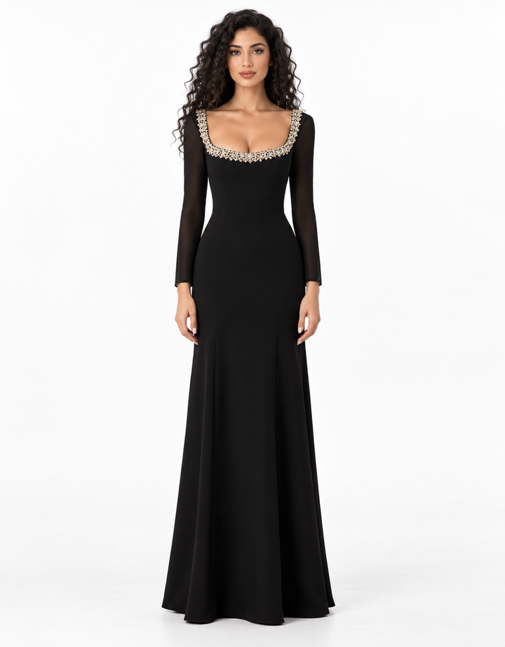 Crystal Scoop Neck Long Sleeve Evening Gown - Sovereign